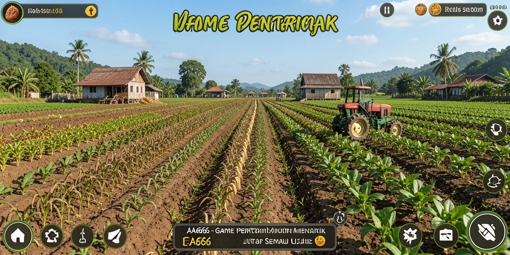 Gameplay AA666 menunjukkan petani yang sedang panen hasil pertanian dengan senyum bahagia.