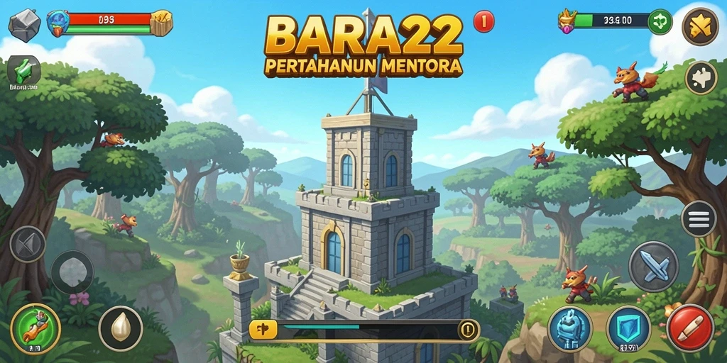 Screenshot BARA22 menampilkan aksi menara mempertahankan dari serangan musuh.