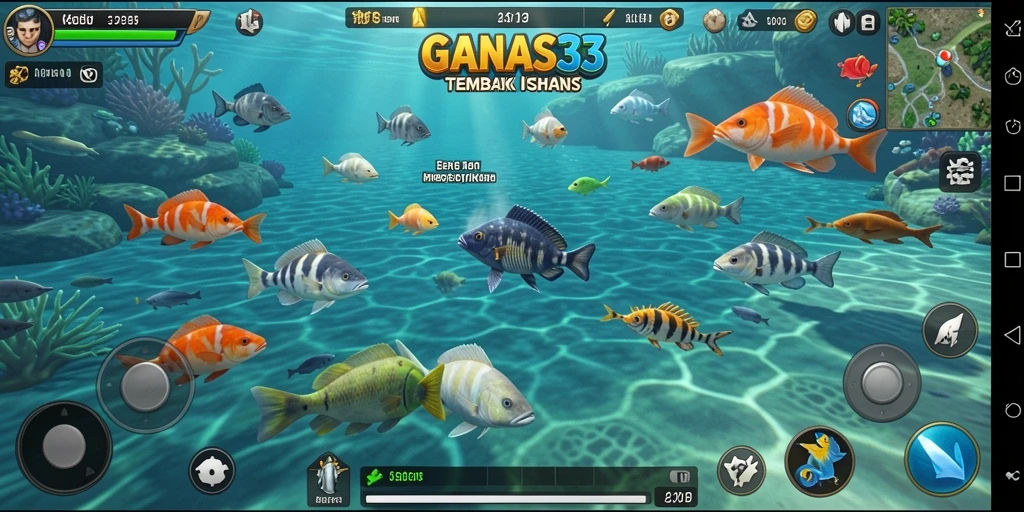 Tampilan game GANAS33 dengan aksi menembak ikan di laut.