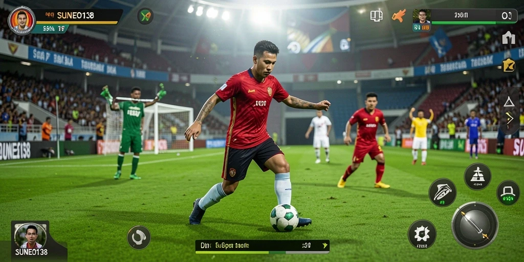 Tangkapan layar gameplay SUNEO138 dengan aksi sepak bola yang mendebarkan.
