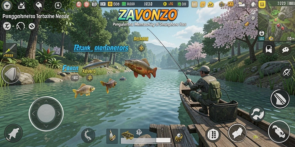 Tampilan gameplay ZAVONZO dengan suasana memancing yang menakjubkan.